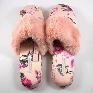 Victoria Secret Floral Faux Fur Cushioned Slippers